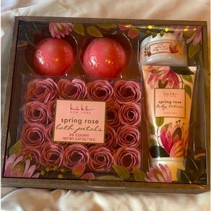 Rose scented petals along with spring rose lotion and bath bombs